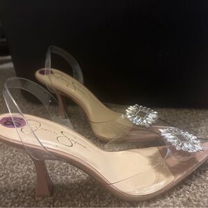 Jessica Simpson Clear Slingback Heels Crystal Buckle Nude Pumps – Size 8.5